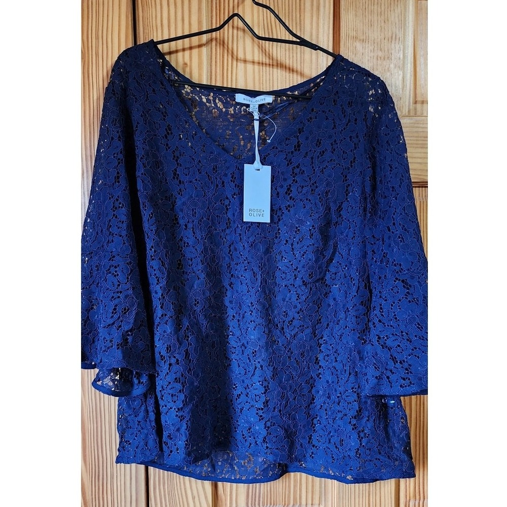 Rose + Olive Navy Blue Lace Blouse Women's 2X Bell Sleeve Sheer Top NWT